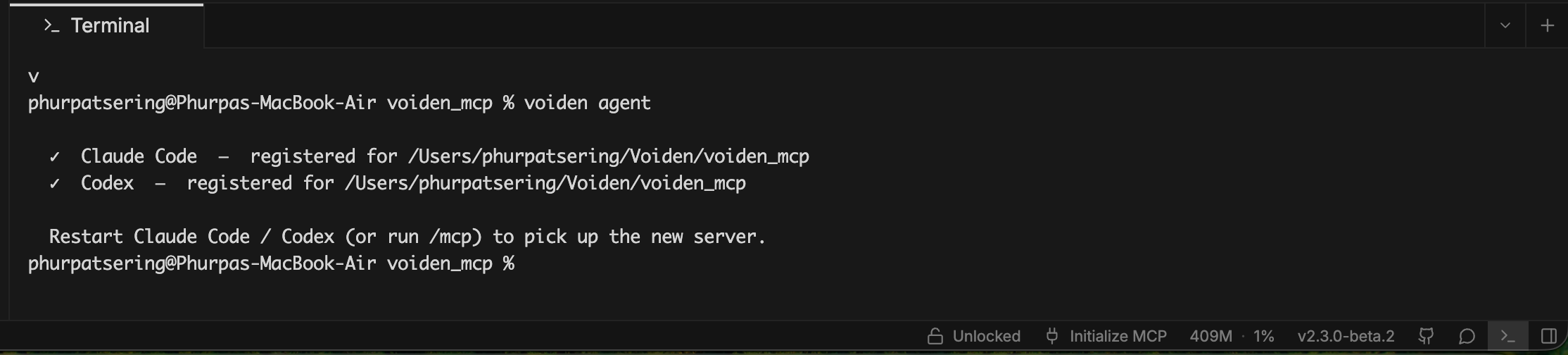Running voiden agent in a terminal, registering Claude Code and Codex