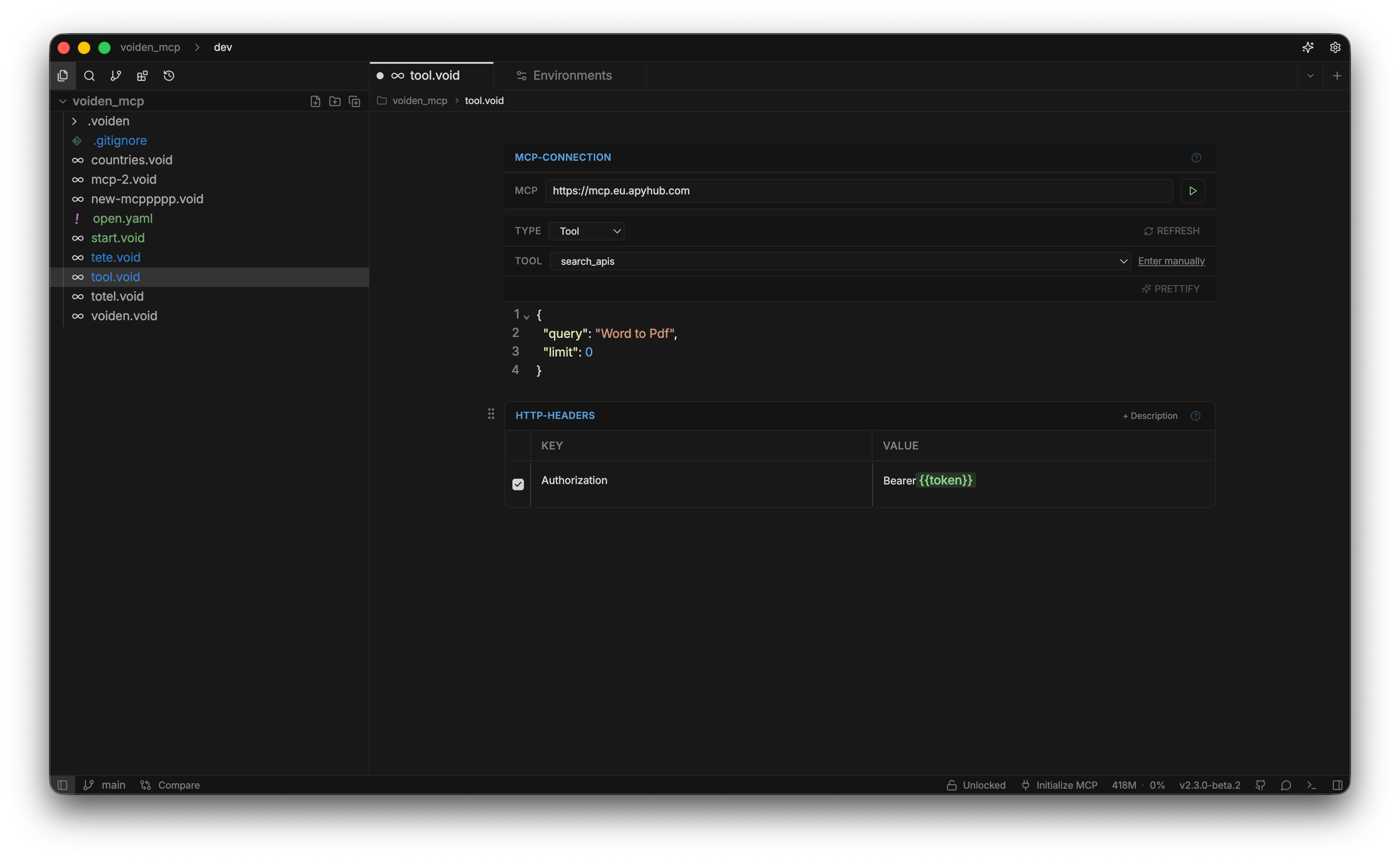 An MCP Connection block, with Server URL, Type, Tool, and a JSON arguments editor