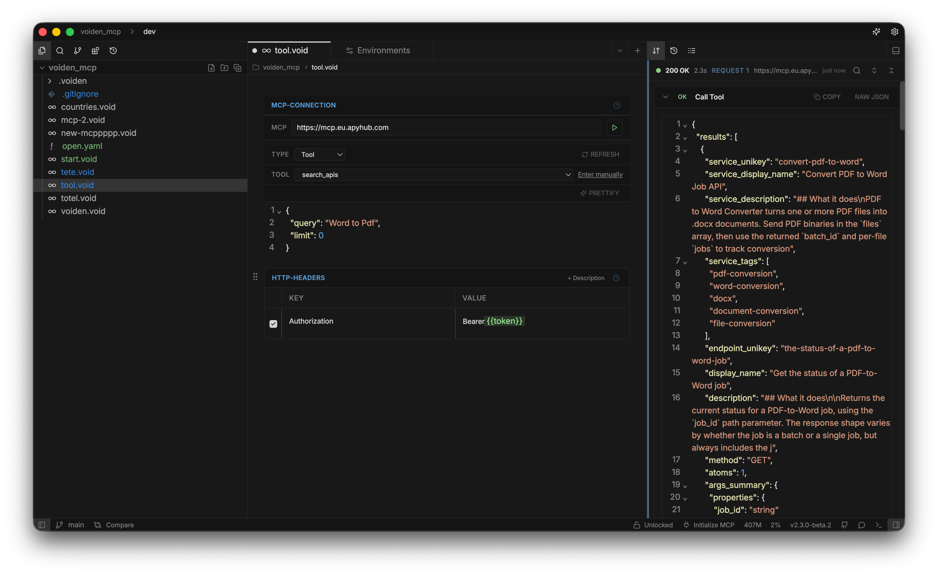 A call_tool operation and its MCP Response, showing status, timing, and the returned JSON