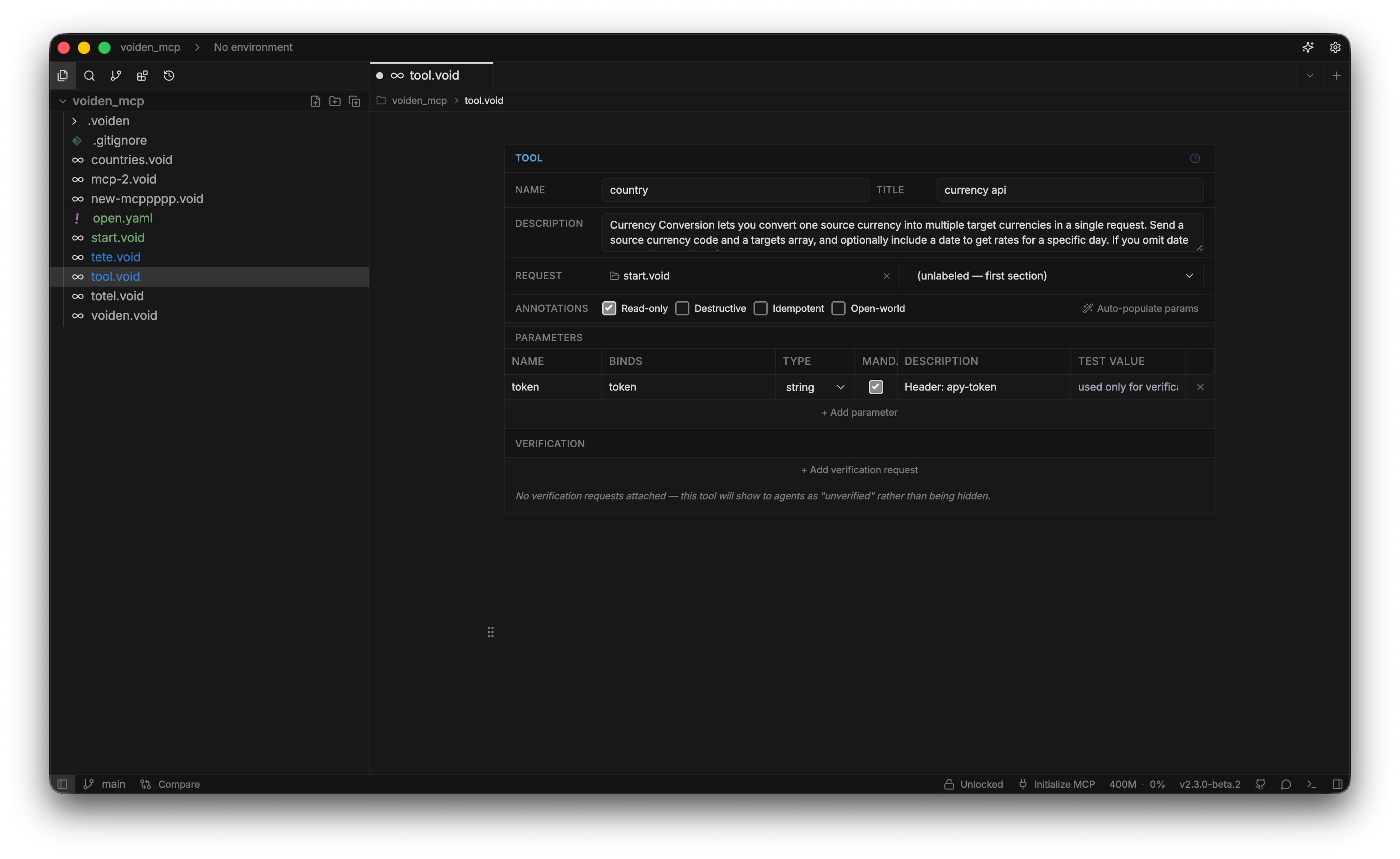 A /tool block with Name, Title, Description, annotations, a parameter row, and a verification row filled in